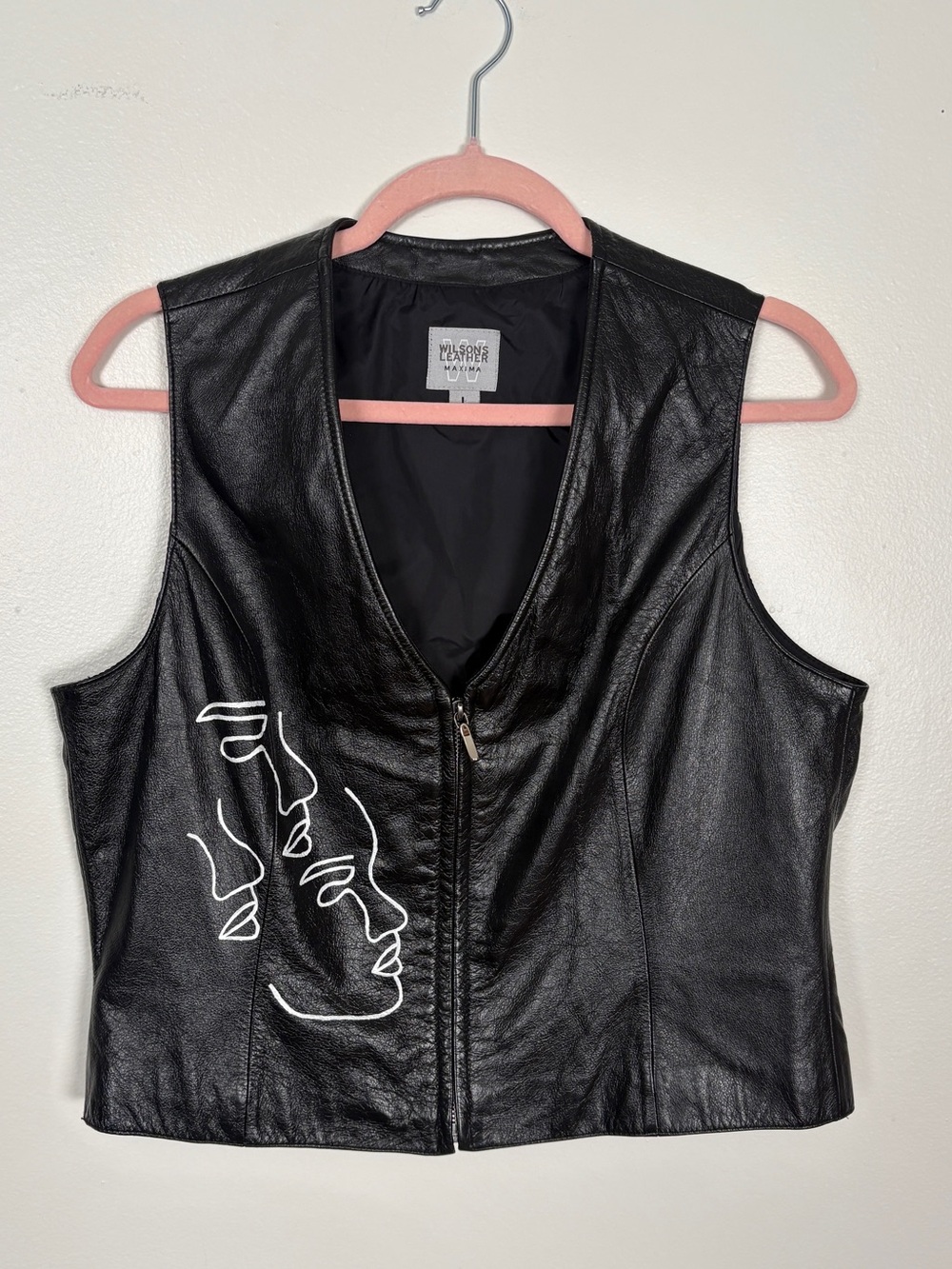 Wilson’s Leather Black Zip Motorcycle Vest with Hand Painted Design